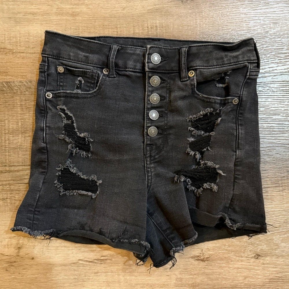 American Eagle Outfitters Black Distressed High-Rise Stretch Denim Shorts Size 4